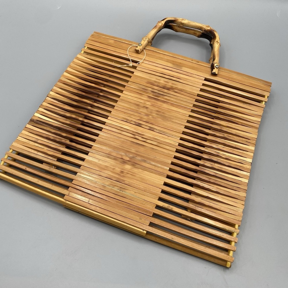 Vintage JOHN WIND Folding Basket Handbag Purse Bamboo Taiwan Boho Folds Flat - Picture 6 of 12